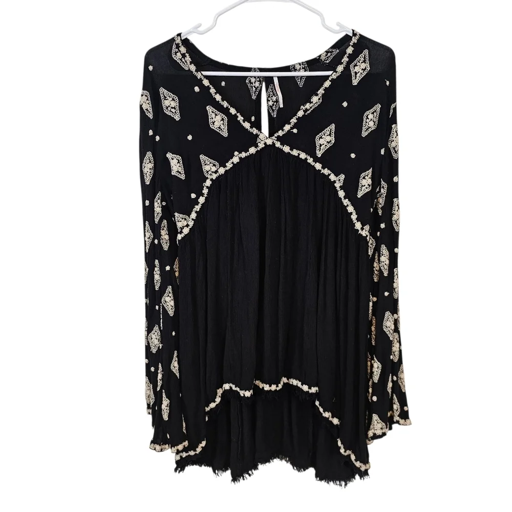 Free People Diamond Embroidered Bell Sleeve Tunic Mini Dress Swing Keyhole